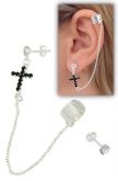 Brinco EAR CUFF folheado a prata c/ cruz em strass e corrent