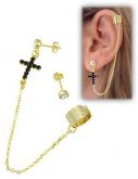 Brinco EAR CUFF folheado a ouro c/ cruz em strass e corrente
