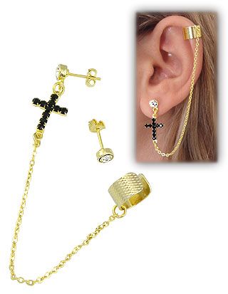 Brinco EAR CUFF folheado a ouro c/ cruz em strass e corrente