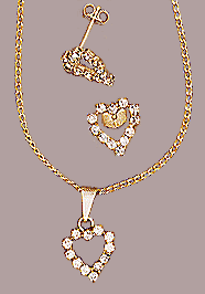 Conjunto de coração de strass, brinco, pingente e corrente
